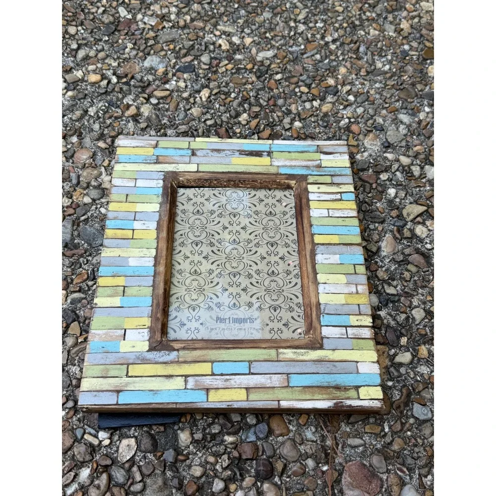 Pier 1 Imports 5x7 Wood Picture Frame Rustic Mosaic Distressed Blue Yellow White